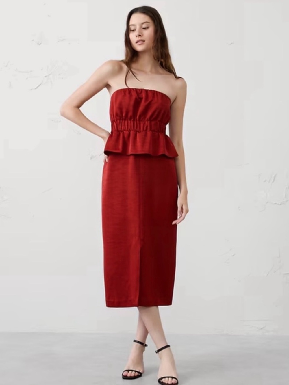 NWT Banana Republic Factory Strapless Peplum Midi Dress “Embers” Brick Red 12